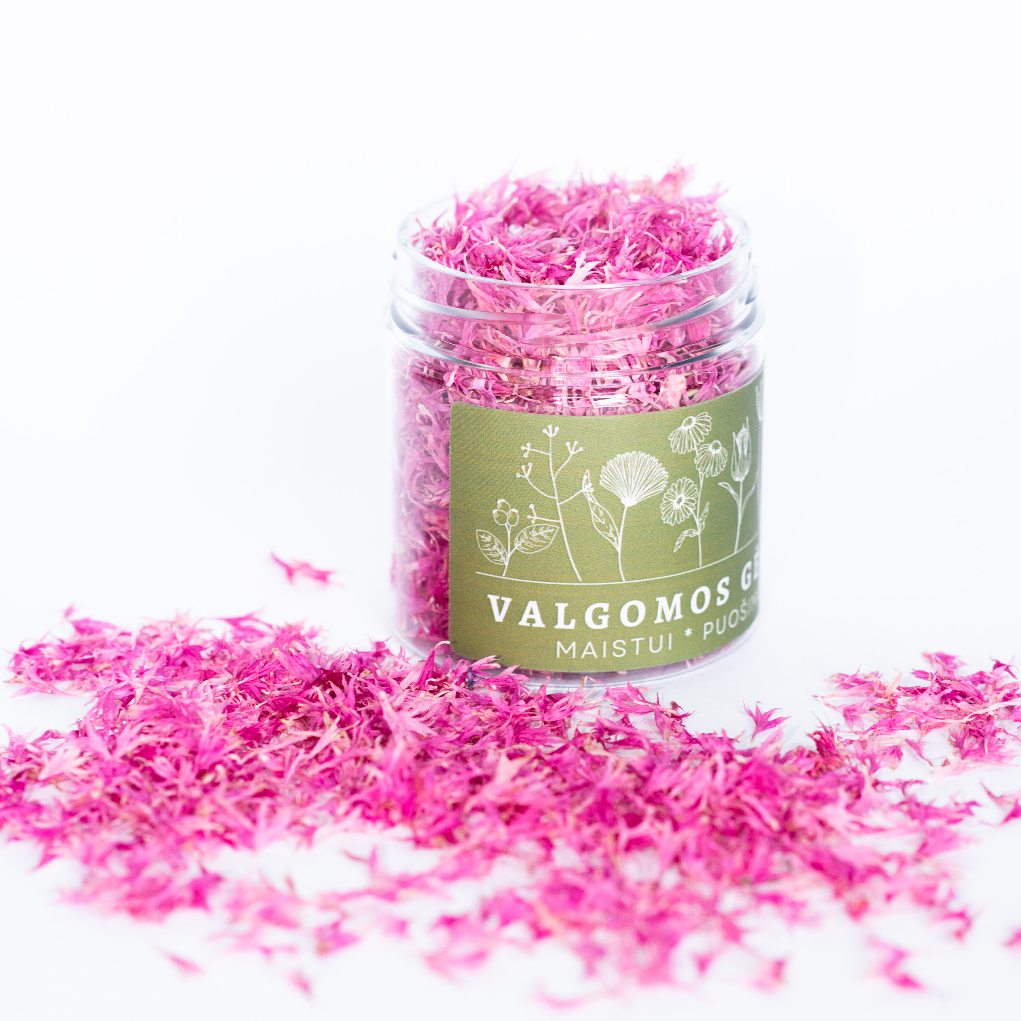 Džiovinti rausvų rugiagėlių žiedlapiai